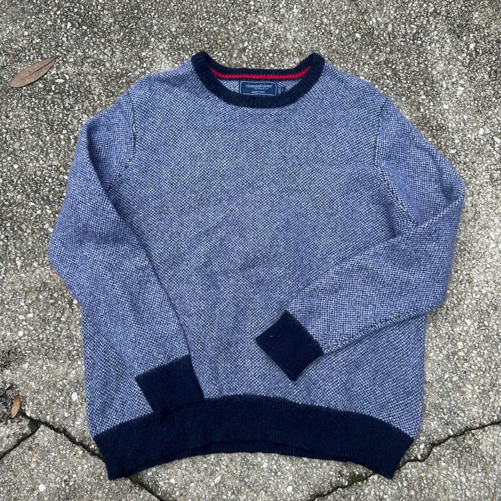 Vineyard Vines Mens Merino Wool Blend Birds Eye Knit Crewneck Sweater Blue L